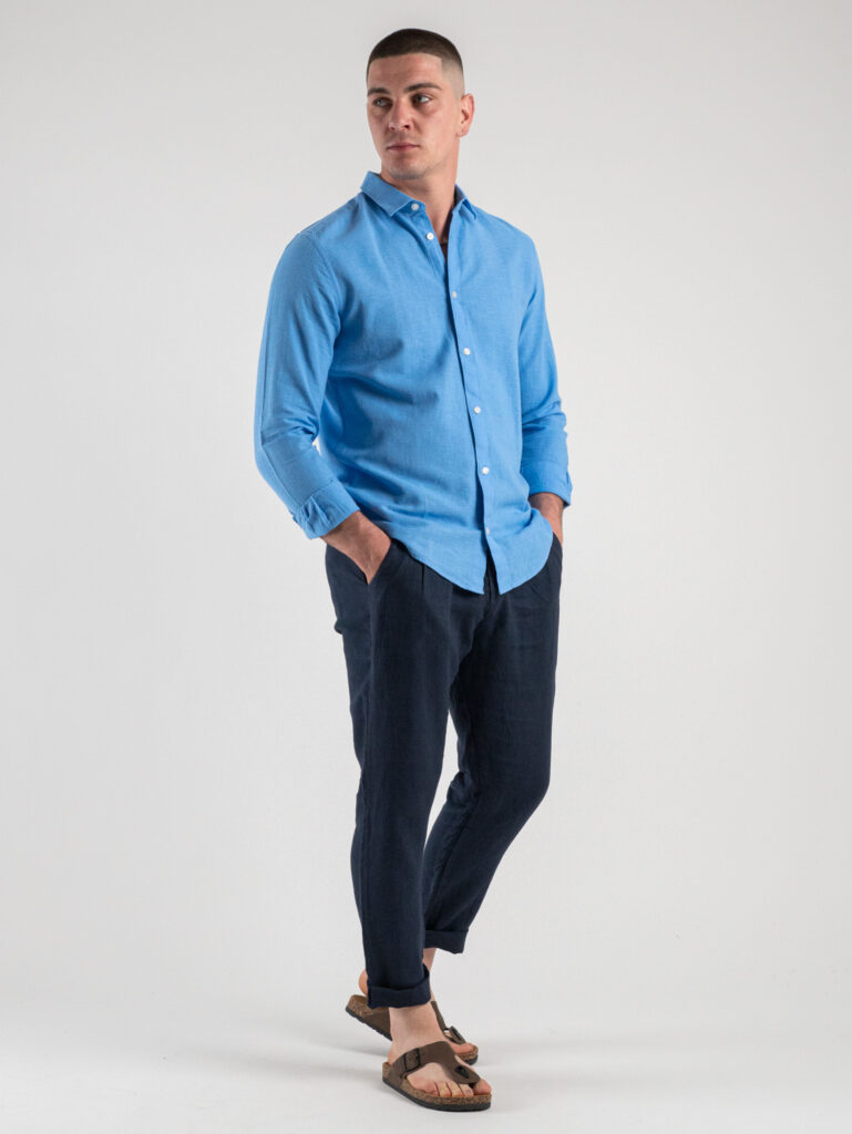 ESTASI Pantalone 100 Lino con coulisse in vita e pinces IBIZA Blu5 Outfit