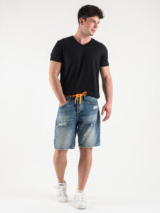 IMPERIAL Bermuda in jeans con rotture e laccio arancio fluo in vita D75020325 Denim (2)