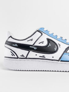 NIKE Court customizzata a mano University Cartoon con dettagli azzurri e baffo nero3