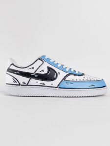 NIKE Court customizzata a mano University Cartoon con dettagli azzurri e baffo nero6