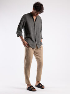 Camicia 100% lino con collo coreana CA02 Verde Militare2