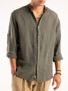 Camicia 100% lino con collo coreana CA02 Verde Militare221