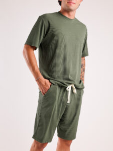 Coordinato a costine con t-shirt + Bermuda morbido 1032 Militare2