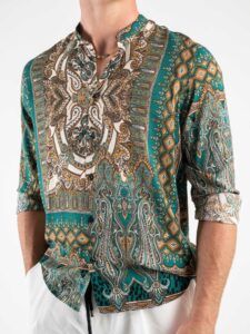 ESTASI Camicia in viscosa con collo coreana fantasia bandana FEDEZ Moro3
