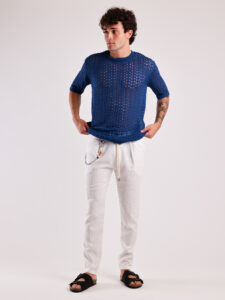 T-shirt girocollo in maglia traforata CF313 Blu1