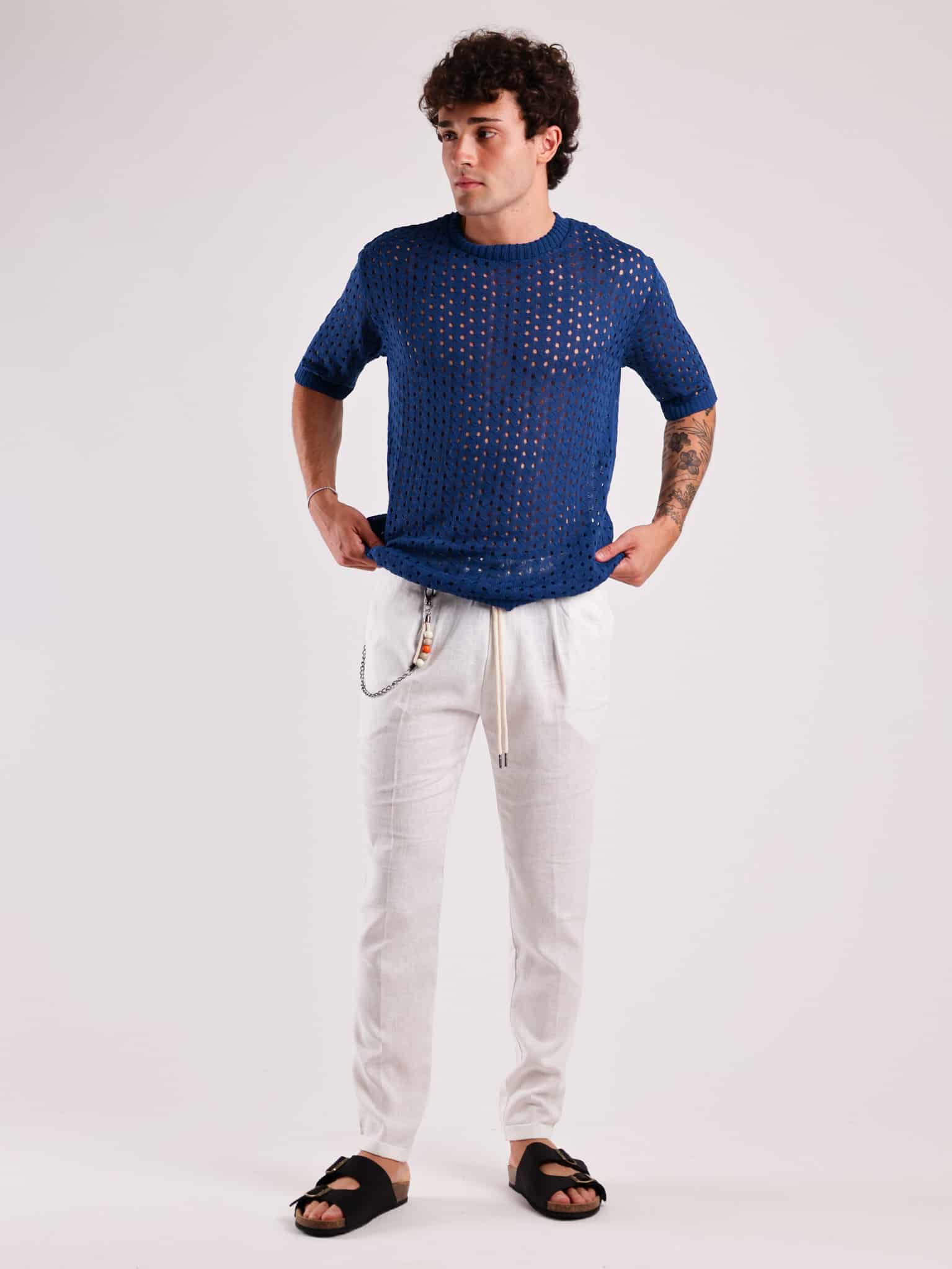 T shirt girocollo in maglia traforata CF313 Blu Prezzo 0 00 Estasi Fashion
