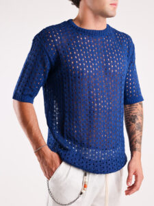 T-shirt girocollo in maglia traforata CF313 Blu2