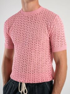T-shirt girocollo in maglia traforata CF313 Rosa1