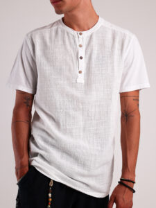 T-shirt serafino in cotone leggermente lavorato con bottoni in legno 13567 Bianca3