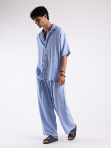 TOKYO coordinato misto lino con pantalone baggy con pinces e camicia mezze maniche KOBE Azzurro1
