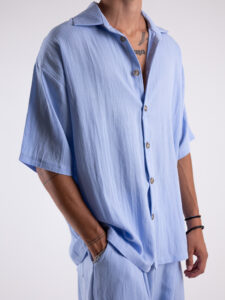 TOKYO coordinato misto lino con pantalone baggy con pinces e camicia mezze maniche KOBE Azzurro2