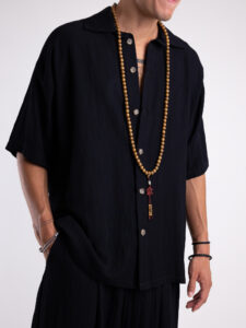 TOKYO coordinato misto lino con pantalone baggy con pinces e camicia mezze maniche KOBE Nero1