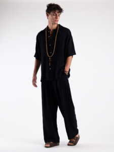 TOKYO coordinato misto lino con pantalone baggy con pinces e camicia mezze maniche KOBE Nero2