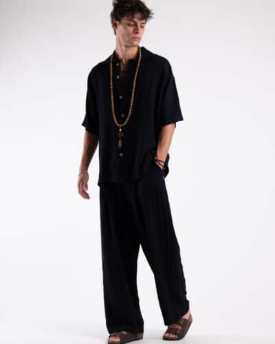 TOKYO coordinato misto lino con pantalone baggy con pinces e camicia mezze maniche KOBE Nero2 Saldi