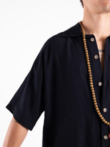 TOKYO coordinato misto lino con pantalone baggy con pinces e camicia mezze maniche KOBE Nero3