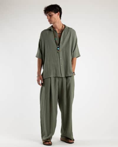 TOKYO coordinato misto lino con pantalone baggy con pinces e camicia mezze maniche KOBE Verde Militare1 Saldi