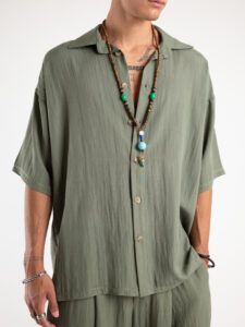 TOKYO coordinato misto lino con pantalone baggy con pinces e camicia mezze maniche KOBE Verde Militare3