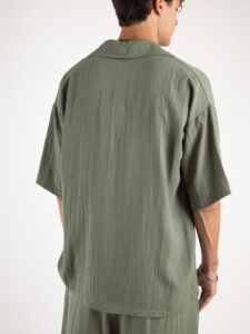 TOKYO coordinato misto lino con pantalone baggy con pinces e camicia mezze maniche KOBE Verde Militare5