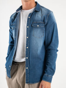 BERNA Camicia di jeans con colletto e bottoni a pressione 220391 Azzurra (4)