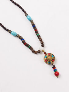 Collana Unisex fatta a mano Nepal buddista Mala perline di legno e ciondolo rotondo 7233 Marrone