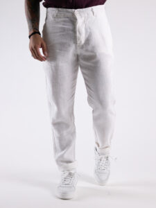 Pantalone in lino con bottone e tasche P9019 Bianco