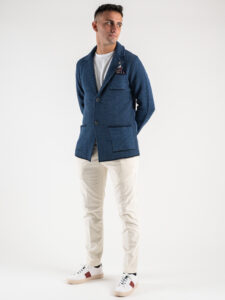 V2 Giacca in maglia misto lana lavorata multicolor con pochette GU3 Blu (2)