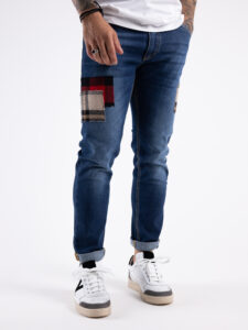V2 Jeans blu slim con patch laterali scozzesi TOKYO Blu Denim5