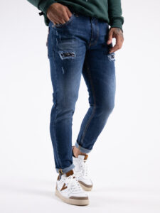 V2 Jeans blu slim con rotture,tasca posteriore con stampa FIORATA Blu Denim4