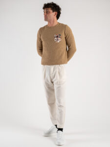 V2 Maglione misto lana con taschino bianco floreale MAO Cammello (6)