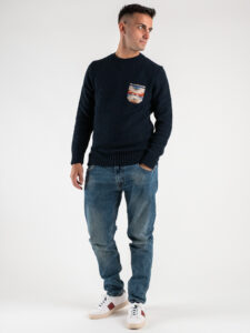 V2 Maglione misto lana con taschino fantasia azteca MAO Blu (2)
