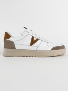 V2 Sneakers in pelle bianca con V a contrasto,tallone linguetta e punta in camoscio SUCOL Marrone:Beige1