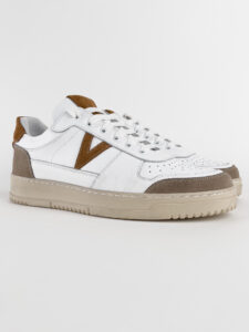 V2 Sneakers in pelle bianca con V a contrasto,tallone linguetta e punta in camoscio SUCOL Marrone:Beige3