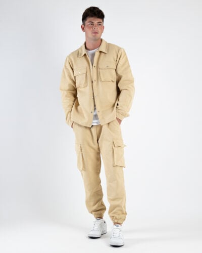 Coordinato morbido in policotone con camicia e pantalone cargo DK05 Beige1 1 Nuovi Arrivi