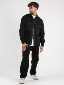 Giacchetta in jeans con tasche frontali e cuciture a contrasto CR2462 Nera1