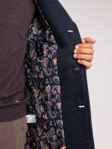 V2 Cappotto sartoriale punto riso in misto lana con scollo a v CUSPRIS Blu (1)