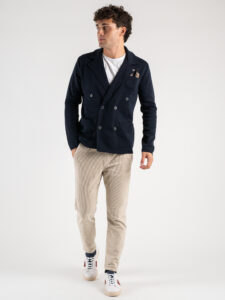 V2 Giacca in maglia misto lana doppiopetto con pochette GULDP Blu (5)