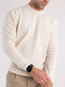 BERNA Maglione girocollo LAMBSWOOL logo ricamo 233036 Panna (5)