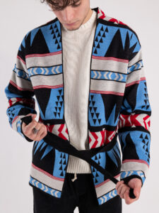 Cardigan aperto con cintura in fantasia etnica 363 Nero (1)