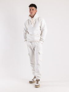 Completo tuta felpato con felpa cappuccio + pantalone con tasconi KANYE Panna1
