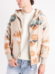 Felpa con cappuccio e zip stampa etnica B356PL Beige7