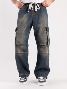 Jeans baggy con coulisse in vita sfumato con tasconi e cuciture a vista JOKI blu3