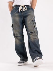 Jeans baggy con coulisse in vita sfumato con tasconi e cuciture a vista JOKI blu4