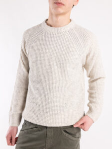BERNA Maglione girocollo Tweed bottonato misto lana 233031 Ecru (3)