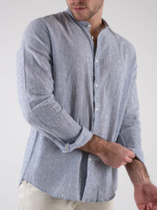 BL11 Camicia in lino con colletto alla coreana fantasia microriga 042305104 BluBianco (3)