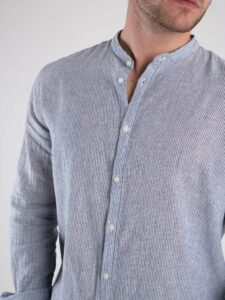 BL11 Camicia in lino con colletto alla coreana fantasia microriga 042305104 BluBianco (5)