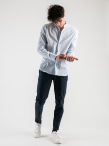 ESTASI Camicia coreana in cotone fantasia tratteggi VERONA 2440 Azzurro (2)
