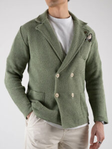 V2 Giacca doppiopetto leggera occhio di pernice con pochette GUOPE Pesto (2)