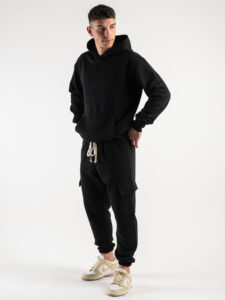Completo tuta in cotone con felpa cappuccio + pantalone con tasconi KANYE Est. Nero (2)