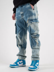 Jeans camouflage con tasconi laterali e rotture BICE Azzurro (1)