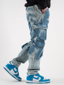 Jeans camouflage con tasconi laterali e rotture BICE Azzurro (2)